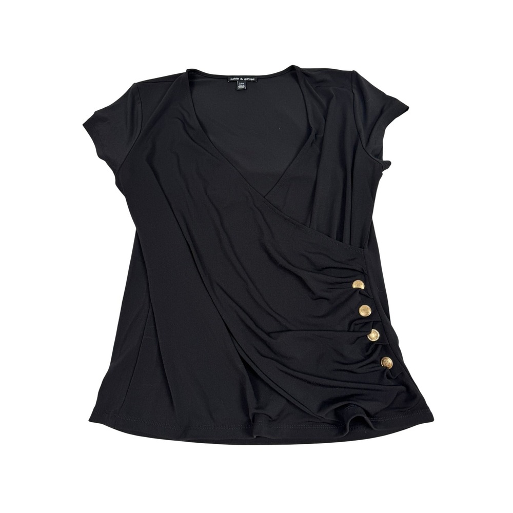 Cable & Gauge Womens Black Faux Wrap V-Neck Top Gold Buttons Large